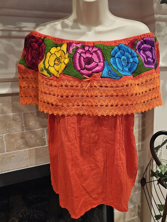 Handmade Tops - Mexican Orange Off Shoulder Handmade Floral Boho Blouse Womens Medium